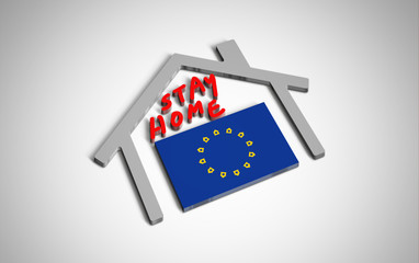 Stay at home slogan with house and country flag inside. Protection campaign or measure from coronavirus, COVID--19. Corona virus (covid 19) campaign to stay at home. European Union Flag with houses.