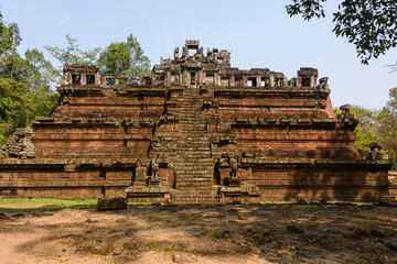 Steps leading up to one of the pyramid temples at the Unesco World Heritage site of Ankor Thom, Siem Reap, Cambodia