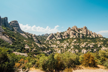 A mountain view with monastery on the top in Montserrat, Spain