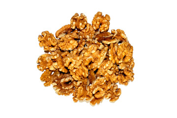 Walnuts nuts isolated on white background. Healthy snack and food. Top view. Walnuts pile.
