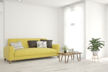 White living room with sofa. Scandinavian interior design. 3D illustration
