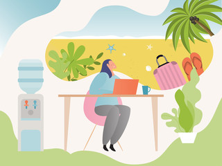 Travel planning vector illustration. Cartoon flat happy woman character sitting at table, using laptop for summer trip adventure plans and dream about beach holiday journey. Tropical vacation concept