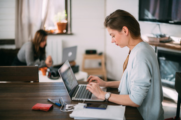 Women work with laptops at home in the living room