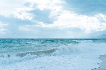 Storm Mediterranean Sea blue sea with clouds and high waves