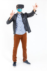 Protection against contagious disease, coronavirus. Man wearing hygienic mask to prevent infection, airborne respiratory illness such as flu, 2019-nCoV. indoor studio shot isolated on white background