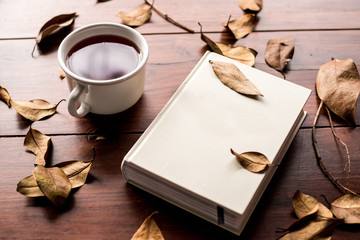 Fototapeta na wymiar white book and coffee cup with leafs around