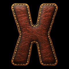 Leather letter X uppercase. 3D render font with skin texture on black background.