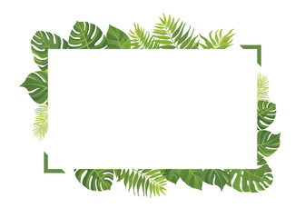 Tropical green leaves frame template. Floral border with place for text. Vector illustration. © artnata