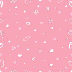 Seamless pattern festive packaging. White hearts and elements on a pink background for gifts, for Valentine's day, for a holiday, for a wedding. Trend Stock Vector Illustration

