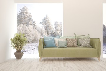 White living room with sofa and winter landscape in window. Scandinavian interior design. 3D illustration