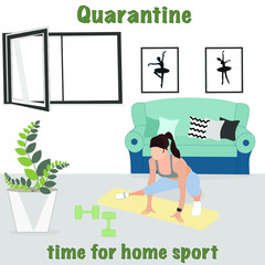 Self-quarantine concept. Sports at home during an outbreak of the COVID-19 virus. Coronavirus quarantine preventive measures. Prevent the spread of infection. man goes in for sports at home. stay home