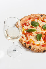 pizza margherita and prosecco wine on a white background