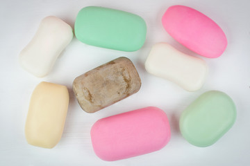 Soap set on a white background. The concept of cleanliness and disinfection.