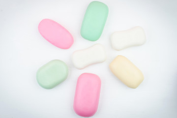 Soap set on a white background. The concept of cleanliness and disinfection.