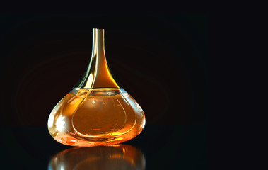 3d illustration perfume bottle stays on glass table with copy space on black background