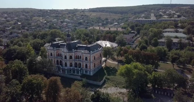 HINCESTI, MOLDOVA, Aerial Drone view of Manuc Bei Mansion or Manuc Bey Mansion. Historical architectural complex is located in Hincesti city in the central-western part of the Rep. Of Moldova