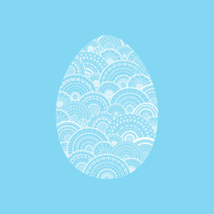 Vector illustration of white Easter egg on blue background. Easter egg with round ethnic mandalas inside. Easter decorative element for greeting card