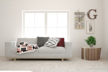 White living room with sofa. Scandinavian interior design. 3D illustration