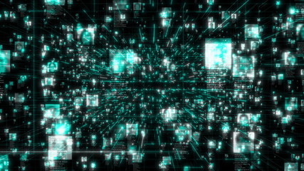 Fototapeta na wymiar a social network with a stream of neon colored unrecognizable people portraits moving along bright blue network grid and data connections in black cyberspace background, 3d rendering 4K footage