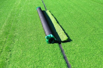 Naklejka premium Artificial turf soccer field construction - Athens, Greece, February 2020.