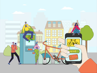 Bicycle rental service vector illustration. Hand holds smartphone with application for bike rent. People cartoon characters near rented cycle. Outline flat style. Credit card on phone screen display.