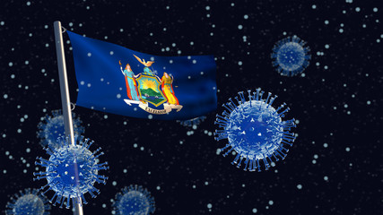 Obraz na płótnie Canvas 3D illustration concept of a New York state flag waving on a flagpole with coronaviruses in the background and foreground.