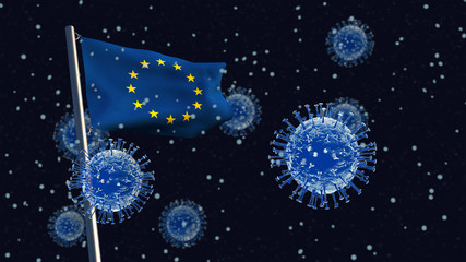 Plakat 3D illustration concept of a European Union flag waving on a flagpole with coronaviruses in the background and foreground.