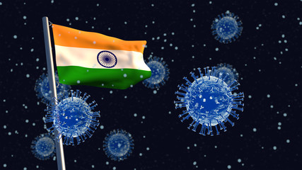 3D illustration concept of an Indian flag waving on a flagpole with coronaviruses in the background and foreground.