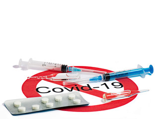 Syringes pills tablets ampoules with medicinal solutions for injection for the treatment of people from the flu pandemic and covid-19
