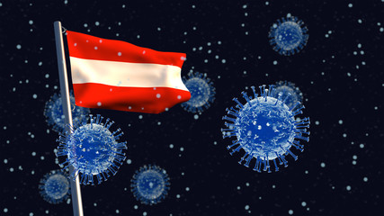 Obraz na płótnie Canvas 3D illustration concept of an Austrian flag waving on a flagpole with coronaviruses in the background and foreground.