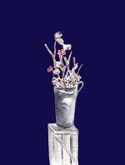 Arrangement of a flowers in a tall vase. Branches of cotton buds and red berries. Ikebana isolated on dark blue background. Hand drawn sketch illustration. Watercolor textured painting.