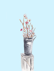 Arrangement of a flowers in a tall vase. Branches of cotton buds and red berries. Ikebana isolated on light blue background. Hand drawn sketch illustration. Watercolor textured painting.