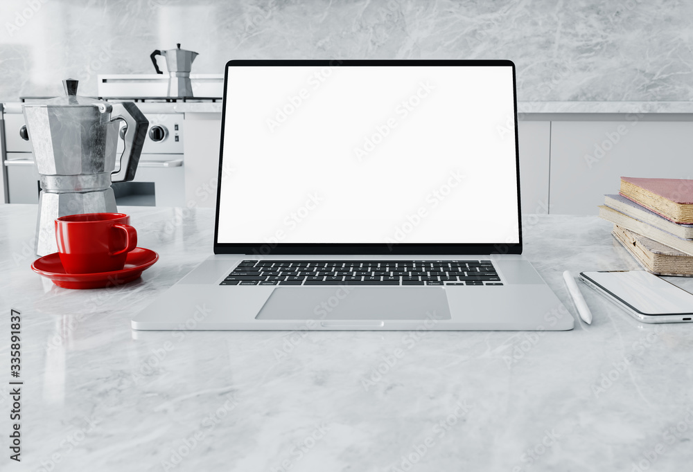Aufkleber laptop working from home ,front view of workpark with blank laptop screen in kitchen, working home o