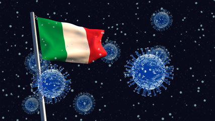 Obraz na płótnie Canvas 3D illustration concept of an Italian flag waving on a flagpole with coronaviruses in the background and foreground.