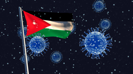 3D illustration concept of a Jordanian flag waving on a flagpole with coronaviruses in the background and foreground.