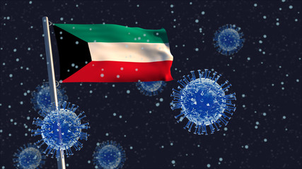 Obraz na płótnie Canvas 3D illustration concept of a Kuwaiti flag waving on a flagpole with coronaviruses in the background and foreground.