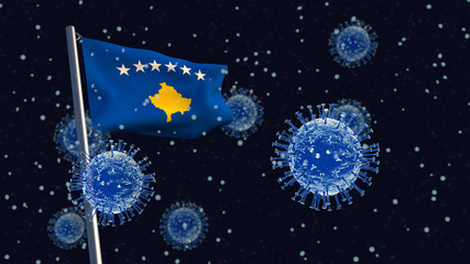 Obraz na płótnie Canvas 3D illustration concept of a Kosovan flag waving on a flagpole with coronaviruses in the background and foreground.