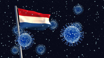 Obraz na płótnie Canvas 3D illustration concept of a Dutch flag waving on a flagpole with corona viruses in the background and foreground.
