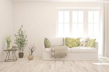 White living room with sofa. Scandinavian interior design. 3D illustration
