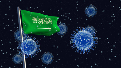 3D illustration concept of a Saudi Arabian flag waving on a flagpole with coronaviruses in the background and foreground.