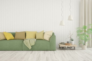White living room with sofa. Scandinavian interior design. 3D illustration
