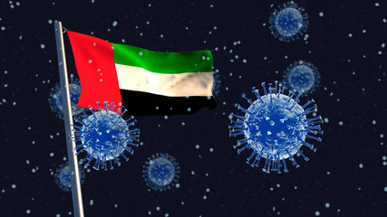 Obraz na płótnie Canvas 3D illustration concept of a United Arab Emirates flag waving on a flagpole with coronaviruses in the background and foreground.