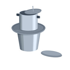 Vietnamese traditional coffee dripper. Coffee maker. Dripping hot coffee brewing system. Flat cartoon. Isolated vector EPS10.