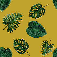 Original seamless tropical pattern with bright plants and leaves on yellow background. Seamless pattern with colorful leaves of colocasia, filodendron, monstera. Exotic wallpaper. Hawaiian style © Olena