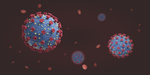 COVID-19 representation of the coronavirus virus in the blood seen under the miscroscope, microbiology 3d render illustration banner