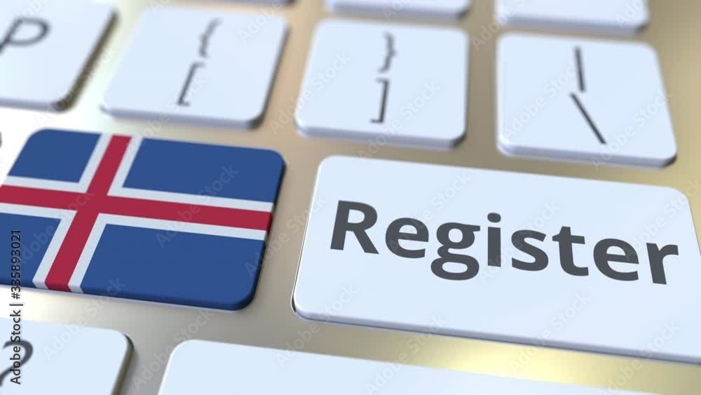 Poster register text and flag of iceland on the keyboard. online services related 3d animation