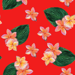 Frangipani Plumeria Tropical Flowers. Seamless Pattern Background. Tropical floral summer seamless pattern background with plumeria flowers with leaves on red background