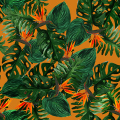 Original seamless tropical pattern with Strelitzia and leaves on lush lava background. Seamless pattern with colorful leaves of colocasia, filodendron, monstera. Exotic wallpaper. Hawaiian style