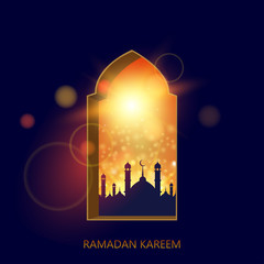 Ramadan kareem greeting card with view from window Mosque. Vector.