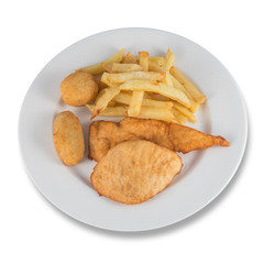 Plate of breaded chicken breast with croquettes and French fries.